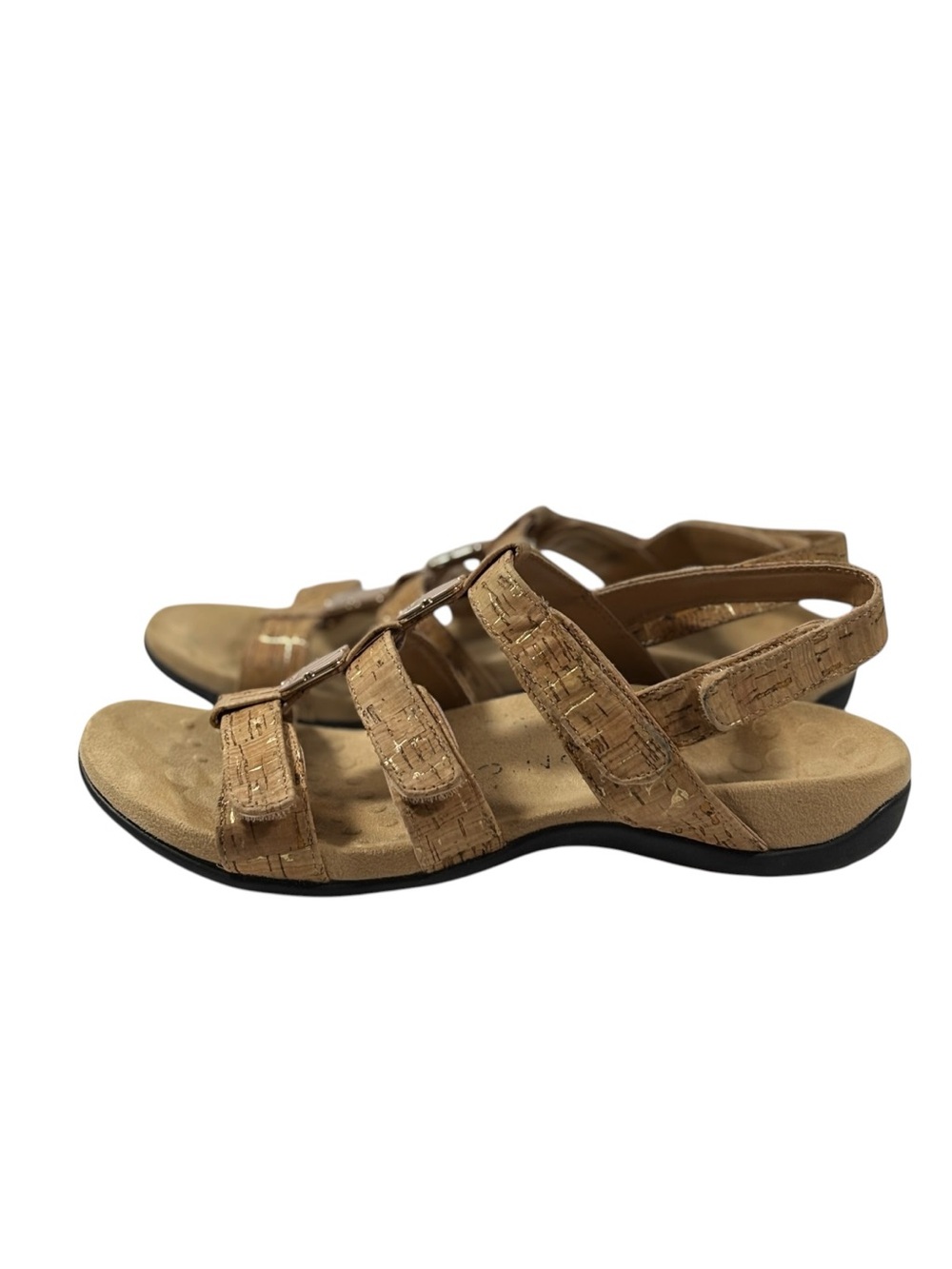 Vionic Amanda Tan Gold Adjustable Strap Cork Enamel Trim Sandals 8 - Picture 2 of 9